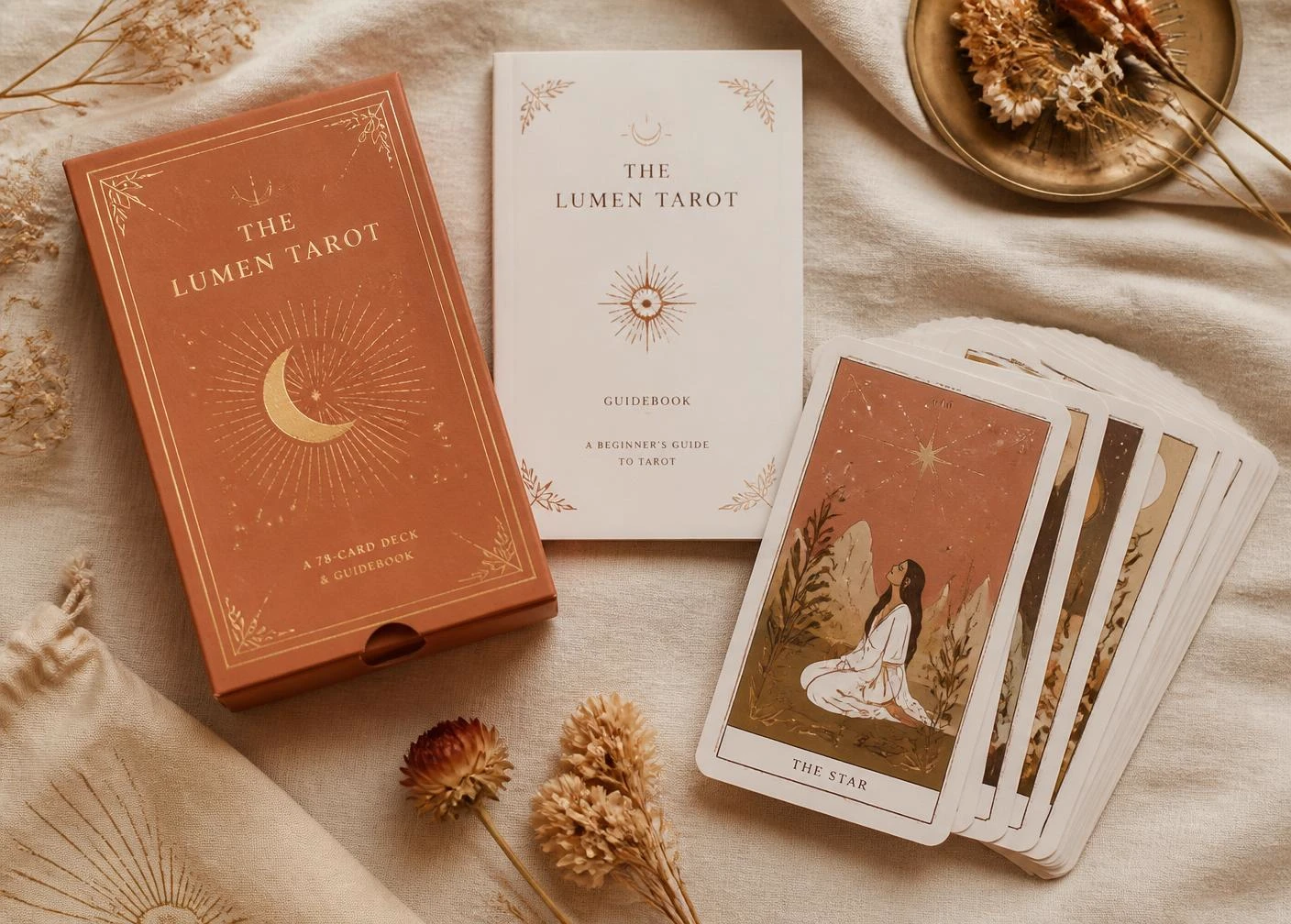 Contenido del kit: caja, guía para principiantes y mazo de cartas sobre tela